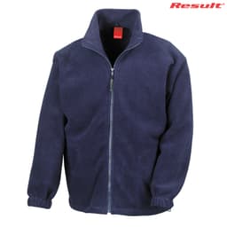 A navy blue polar fleece full zip top with a high collar and elastic cuffs, featuring a logo.