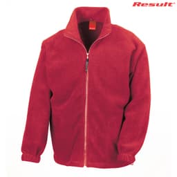 A red polar fleece jumper with a full zip, featuring a high collar and elasticised cuffs. It has a logo.