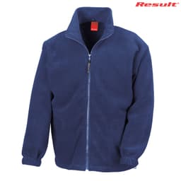 A navy blue polar fleece full zip jumper featuring a high collar and elastic cuffs, with a logo on the upper right.