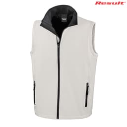 A light grey softshell vest with a black collar and zippered pockets, featuring a logo on the upper right.