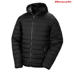 A black padded jacket with a hood and zippered front, featuring a logo on the top right.