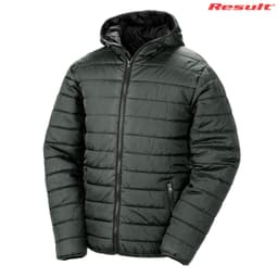 A green padded puffer jacket featuring a hood and zippered pockets, with a logo on the top right.