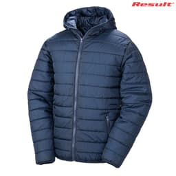 A navy blue puffer jacket with a hood, featuring a zip front and side pockets. It has a branding logo.
