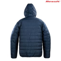 A navy blue soft padded jacket with a hood, featuring a logo on the upper right.