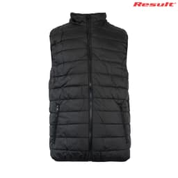 A black padded vest with a high collar and zip front, featuring two side pockets, and a logo on top.