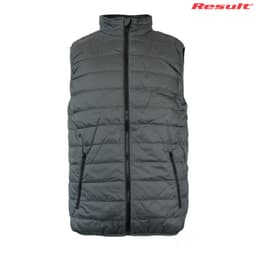 A soft padded adult vest in dark grey, featuring a high collar and two zippered pockets, with a logo on the upper right.