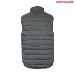 A soft padded vest in dark grey with a quilted design and a collar, featuring a logo.