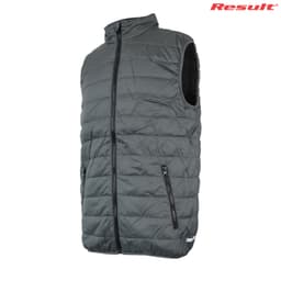 A soft padded vest in dark grey with a zip front and side pockets, featuring a logo.