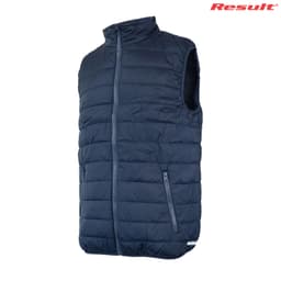 A padded vest in navy blue with a high collar and zippered pockets, featuring a logo.
