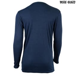 A navy longsleeve round neck thermal shirt, featuring a back view and a logo. Suitable for workwear.