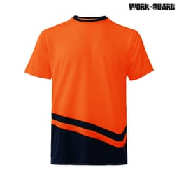 An orange and navy t-shirt featuring a striped design and a logo on the upper right.