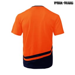 An orange and navy blue t-shirt with a logo, featuring a sporty design suitable for workwear.