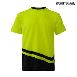 A bright yellow and black work t-shirt featuring a stylish design and a logo.