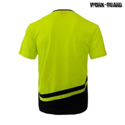 A high-visibility yellow and black work t-shirt with a logo, featuring a short-sleeve design and a sporty cut.
