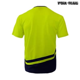A bright yellow and navy blue work t-shirt featuring a logo and a sporty design.