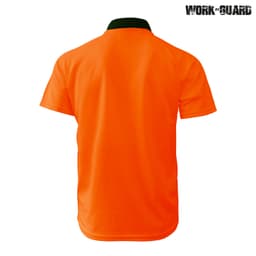 A bright orange polo shirt with a black collar, featuring a logo on the front.