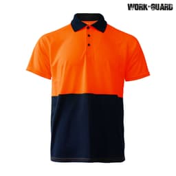 An orange and navy work polo shirt featuring a collar and a logo.
