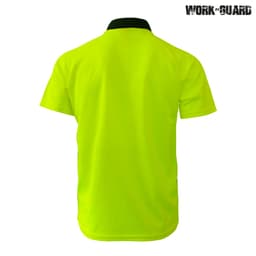A yellow polo shirt with a black collar, featuring a logo on the upper right.