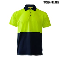 A bright yellow and navy blue polo shirt featuring a logo. Suitable for workwear purposes.