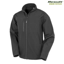 A black softshell jacket with a zip front and a chest pocket, featuring a logo on the upper right.