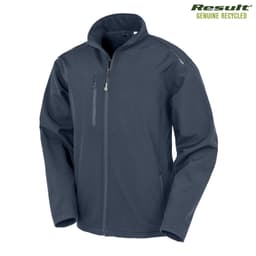 A grey softshell jacket featuring a zippered chest pocket and a logo, made from recycled materials.