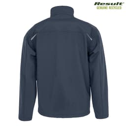 A dark grey, three-layer softshell jacket with a collar, featuring reflective accents and a logo.