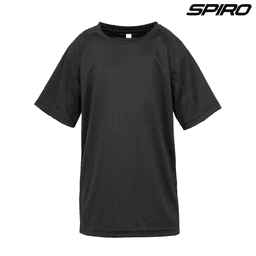 A black youth performance T-shirt with a relaxed fit and a logo on the upper right.