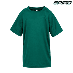 A green Youth Impact Performance Aircool T-Shirt featuring a logo, with a relaxed fit and short sleeves.