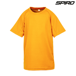 A bright orange youth performance T-shirt with a rounded neckline and short sleeves, featuring a logo on the top right.