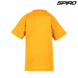 A bright yellow youth T-shirt with short sleeves, featuring a logo on the top corner.