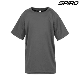 A grey Youth Impact Performance Aircool T-Shirt with a relaxed fit and short sleeves, featuring a logo.