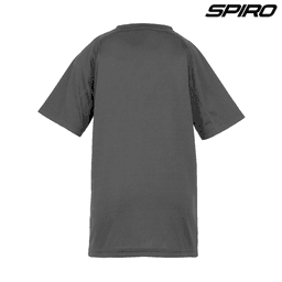 A grey youth t-shirt with short sleeves, featuring a brand logo.