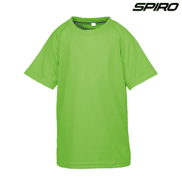 A bright green Youth Impact Performance Aircool T-Shirt with a rounded neckline and short sleeves, featuring a logo.