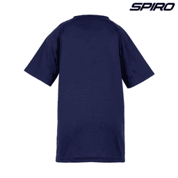 A navy blue youth t-shirt with short sleeves and a back view. Features a logo at the top.