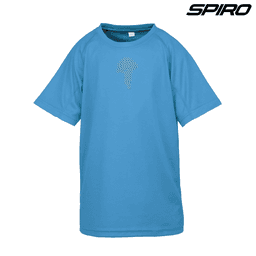 A light blue Youth Impact Performance Aircool T-shirt with short sleeves and a crew neckline, featuring a logo.