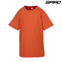 An orange Youth Impact Performance Aircool T-Shirt with a logo. Short sleeves and a relaxed fit.