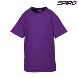 A purple Youth Impact Performance Aircool T-Shirt with short sleeves and a logo on the design.