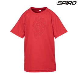 A red youth performance T-shirt with short sleeves and a round neckline, featuring a brand logo.