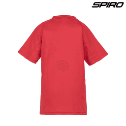 A red Youth Impact Performance Aircool T-Shirt with a logo on the upper corner, featuring short sleeves and a relaxed fit.