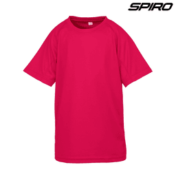 A bright pink Youth Impact Performance Aircool T-shirt with a logo, featuring short sleeves and a relaxed fit.