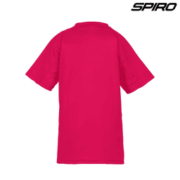 A magenta youth performance T-shirt with short sleeves and a branded logo on the top right.