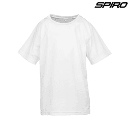 A white youth performance T-shirt with a raglan sleeve design and a logo.
