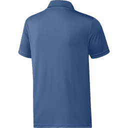 A blue polo shirt featuring a collar and short sleeves, with a logo on the back.