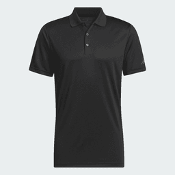 A black Adidas men's recycled performance polo shirt with a collar and a small logo on one sleeve.