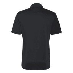 A black Adidas men's polo shirt featuring a collared design and short sleeves, with a logo on the back.