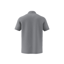 A grey men's polo shirt made from recycled materials, featuring a collar and short sleeves with branding.