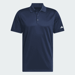 Navy blue men's polo shirt featuring a collar, buttons, and a logo on the sleeve.