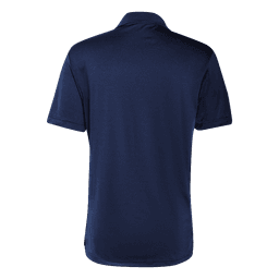 A navy blue men's polo shirt featuring a collar and short sleeves, with a logo on the back.
