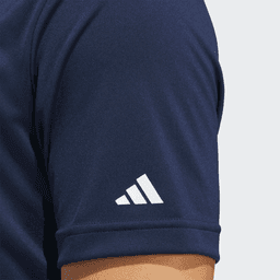 A navy blue Adidas men's polo shirt with a logo on the sleeve.
