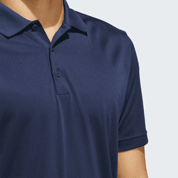 A navy blue polo shirt with a collar and two buttons, featuring a logo on the chest.